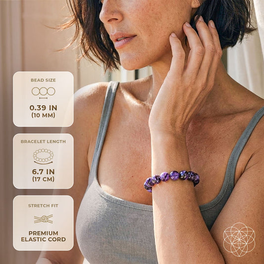 Purple charoite bead bracelet on wrist