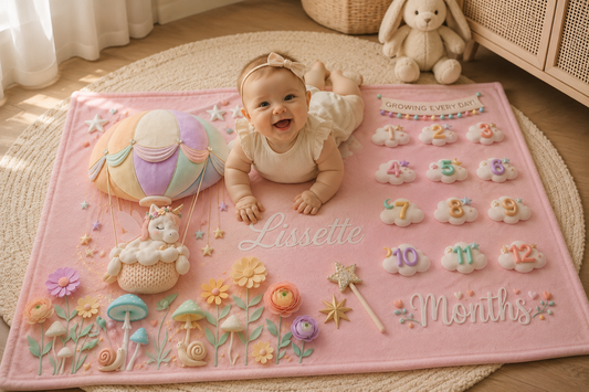 Pink baby milestone blanket featuring unicorn, balloon, and 1–12 months numbers