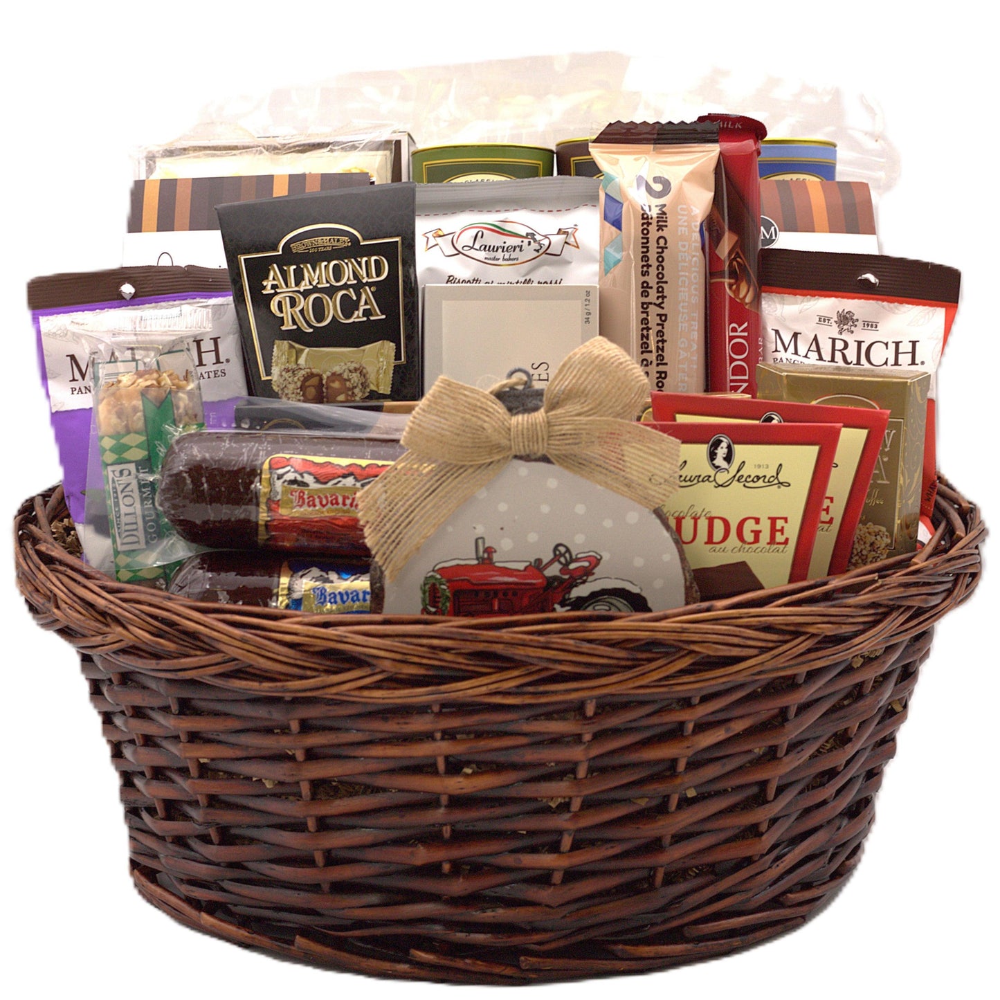 Woven wicker gift basket filled with assorted chocolates and cookies, wrapped in plastic.