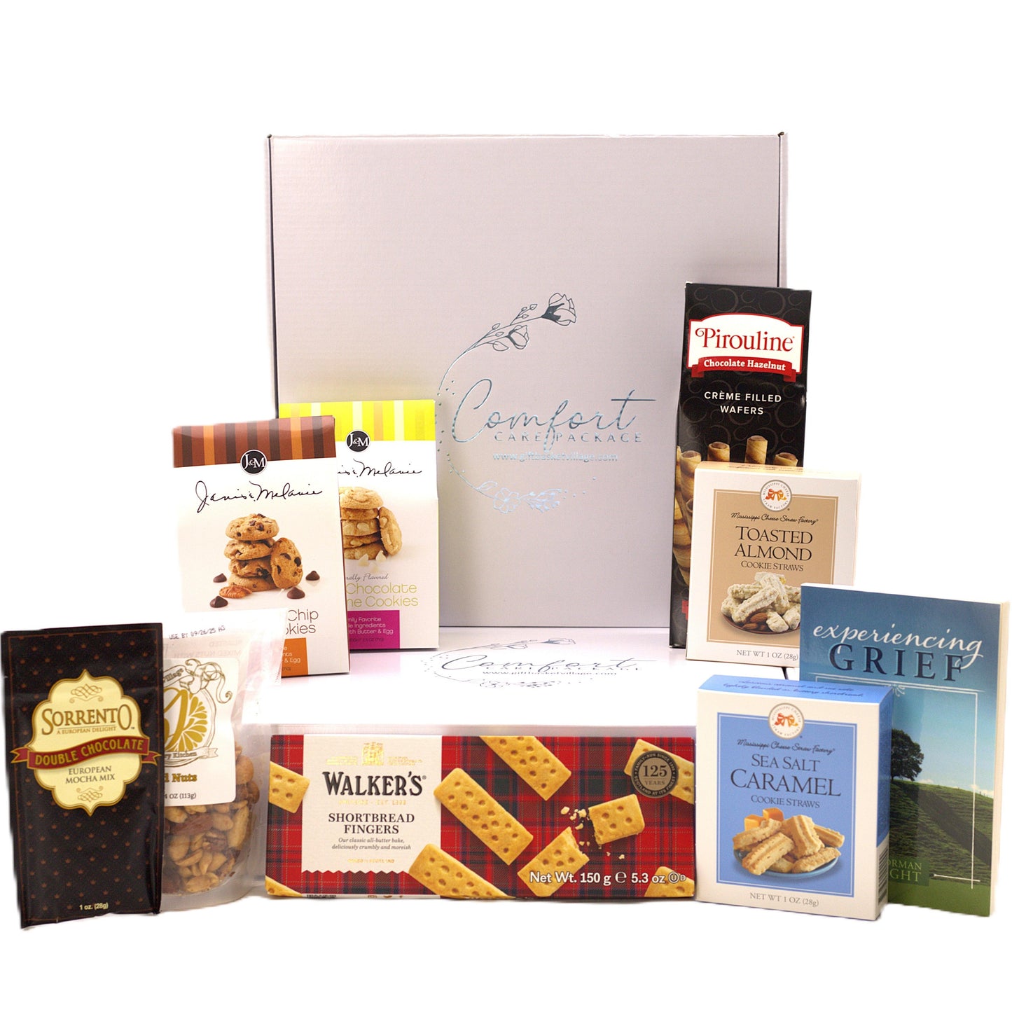 Assorted snack gift box with shortbread fingers, chocolate-filled wafers, and caramel