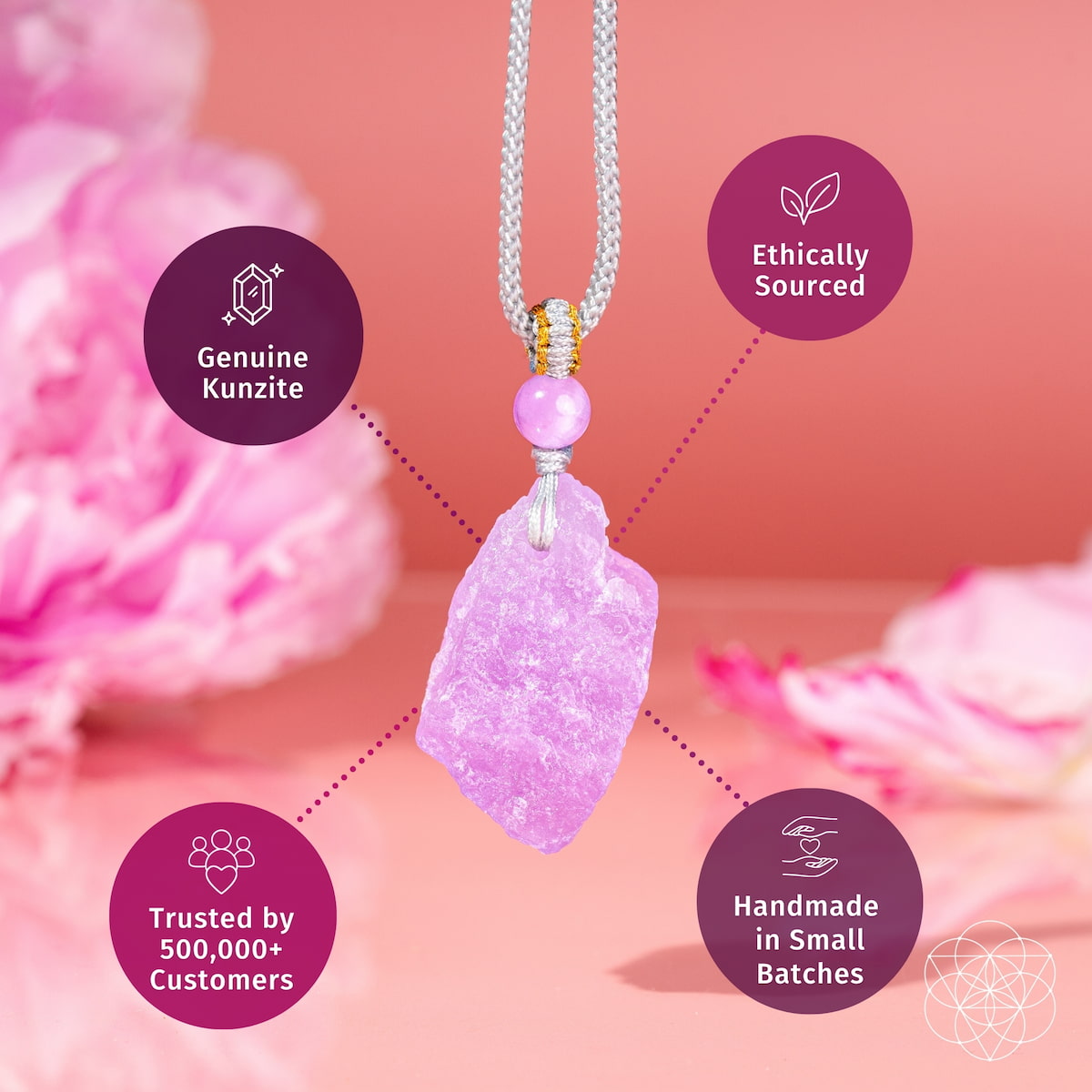 Pink kunzite pendant necklace with purple stone drop on silver-tone chain
