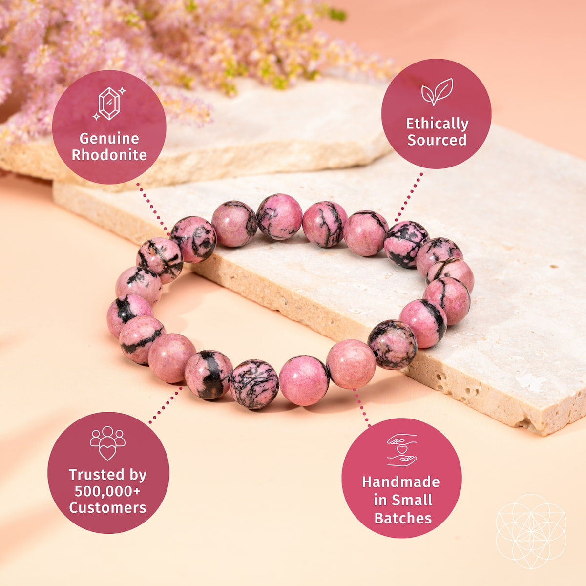 Rhodonite bead bracelet coiled with pink and black marbled round beads