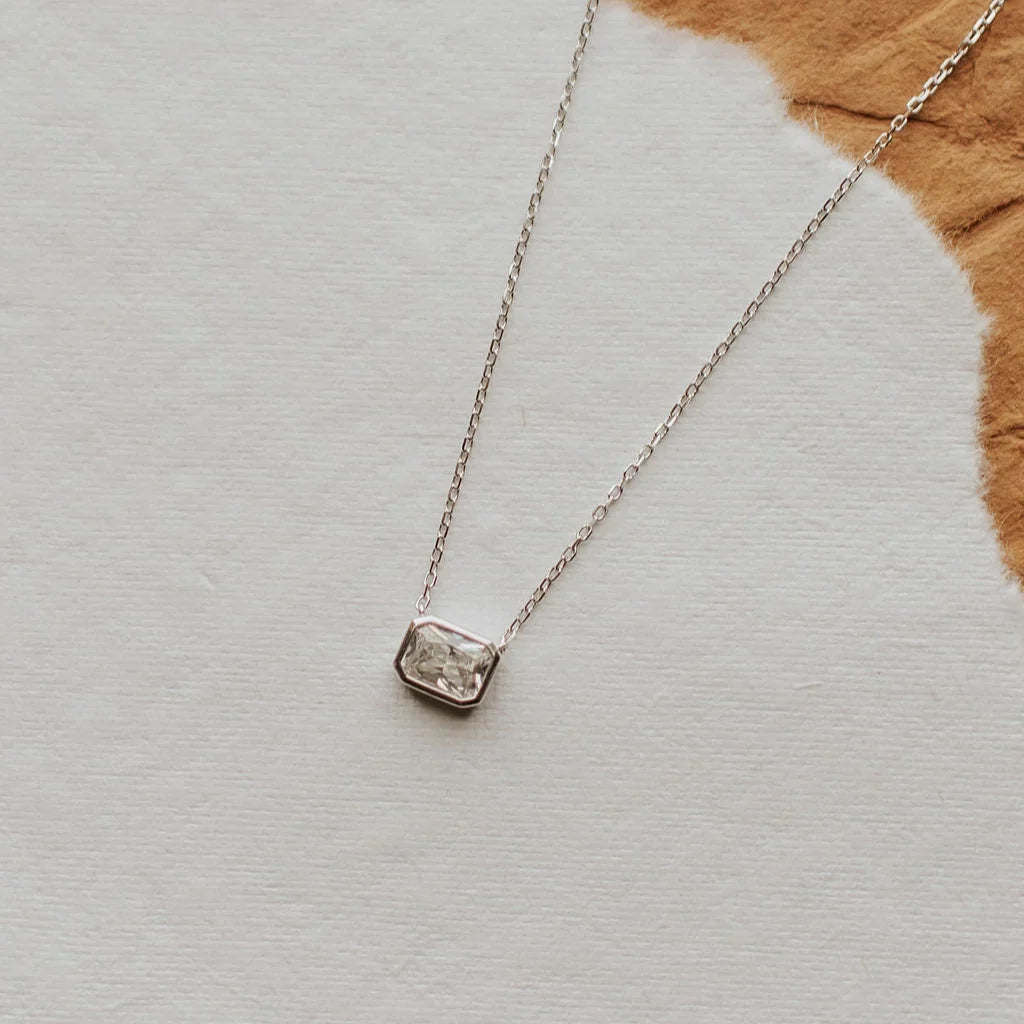 Silver Blair Diamond Necklace with rectangular clear stone in a bezel setting