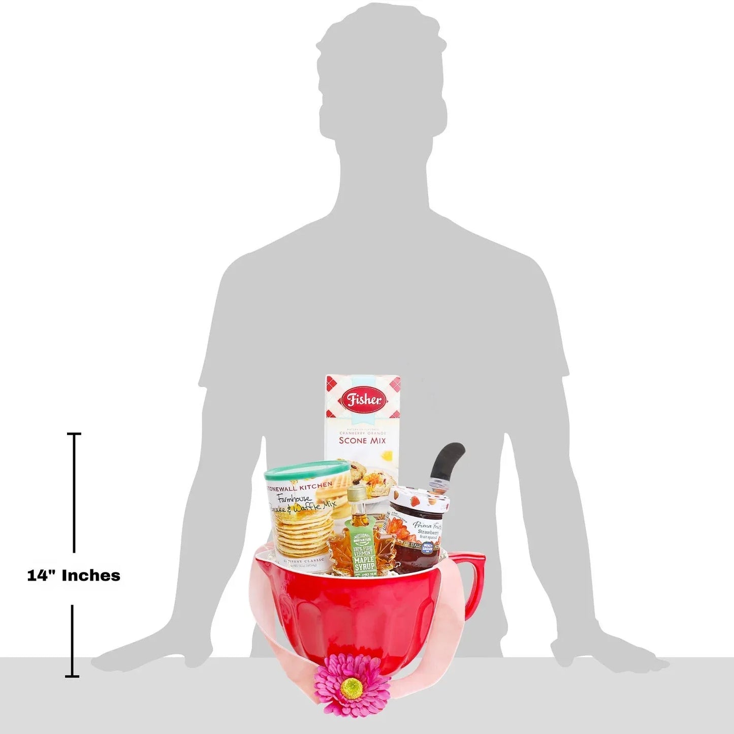 14-in red mug baking gift basket with scone mix, waffle mix, maple syrup, and pink flower