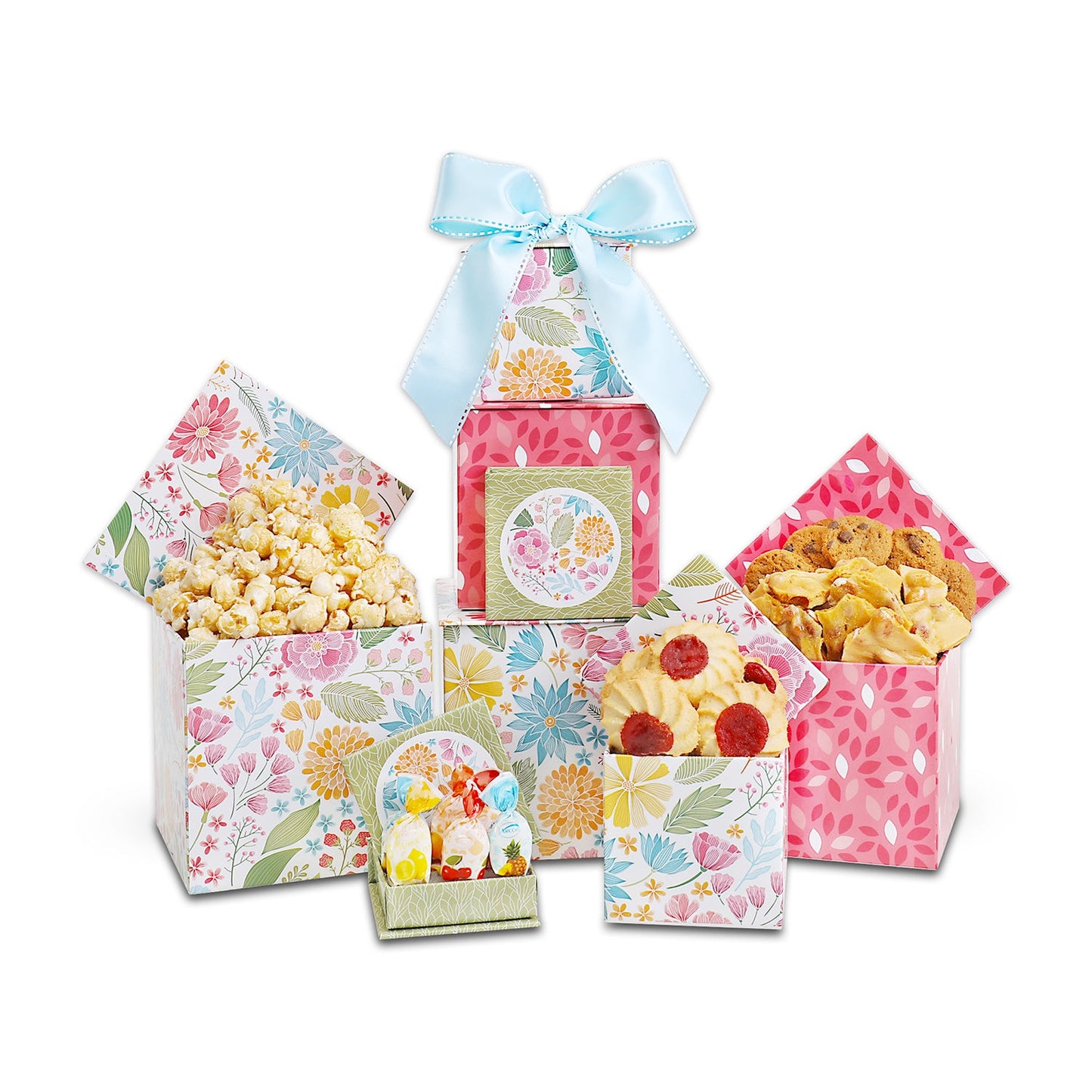 Floral gift tower set with stacked boxes and blue bow; visible popcorn and cookies