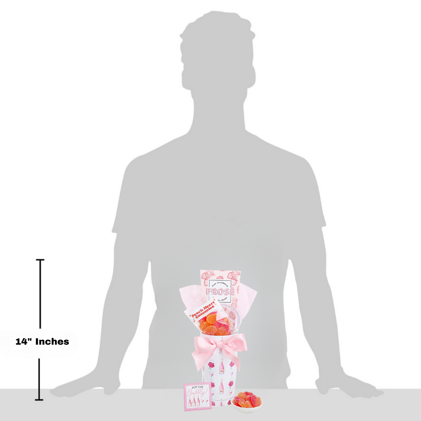FROSE tumbler gift set size shown with bow, pouch, and gummy pieces