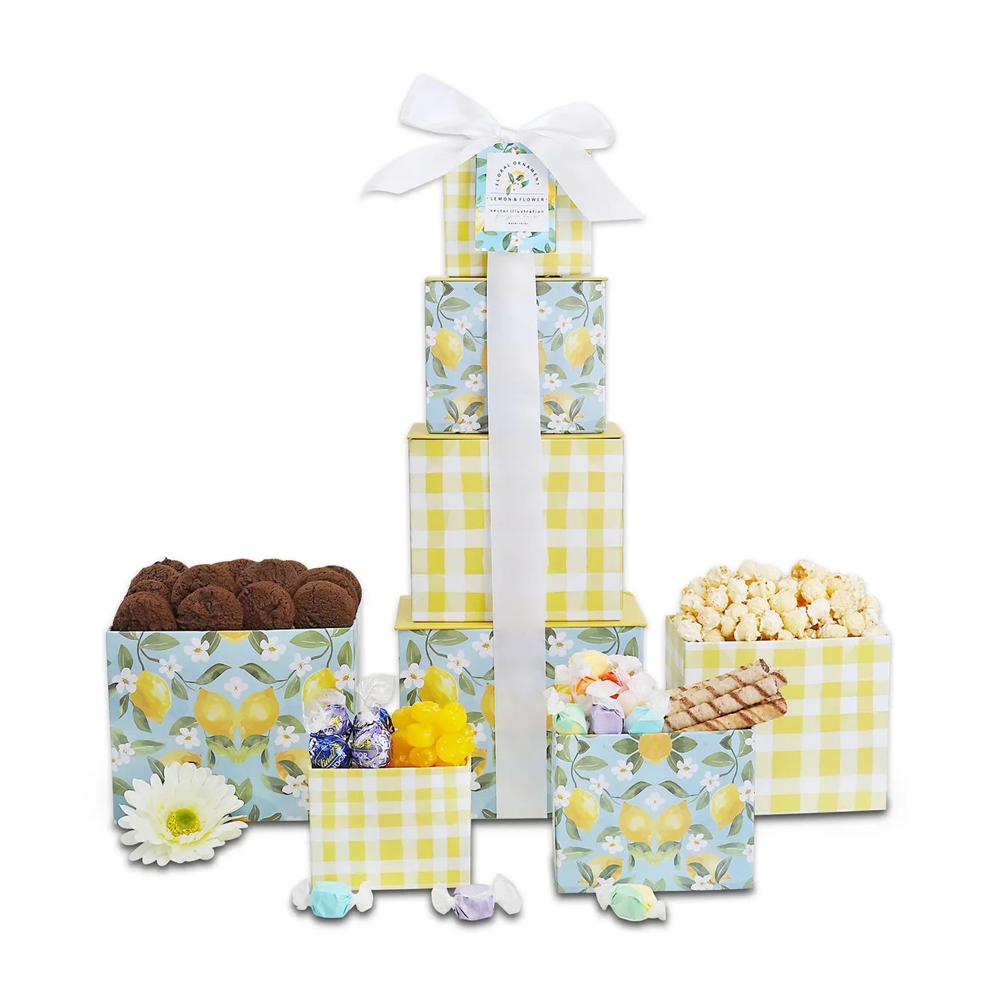Sweet Sunshine Floral Gift Tower with stacked pastel snack boxes and ribbon