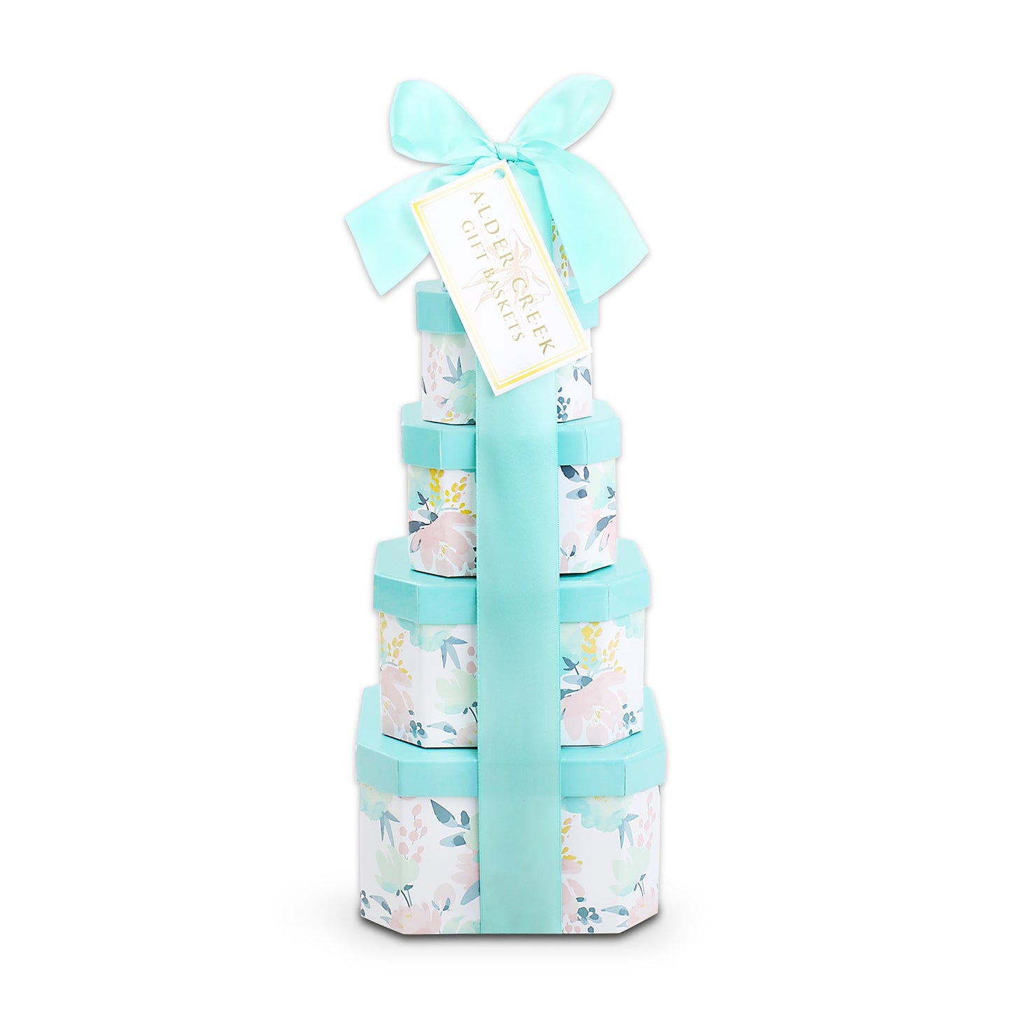 Stacked floral gift boxes with tall teal ribbon and bow topper.