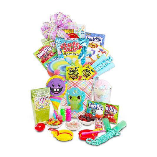 Gift basket with plaid bow, assorted candy and snack cups, dipping accessories