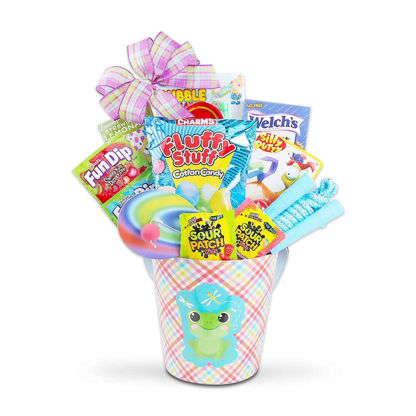 Treat gift basket with plaid ribbon, illustrated cup, colorful candy bags