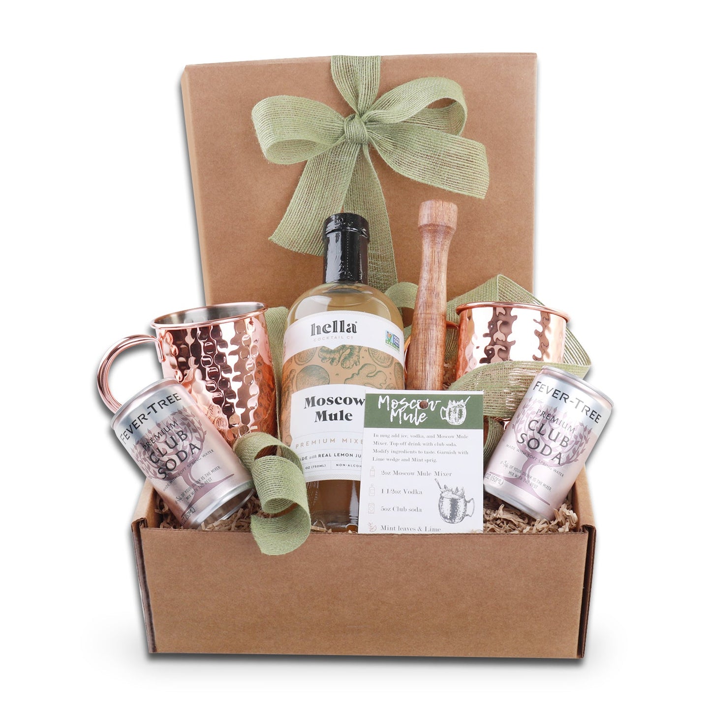 Kraft gift box with sage bow, copper mugs, Moscow Mule bottle, and recipe card