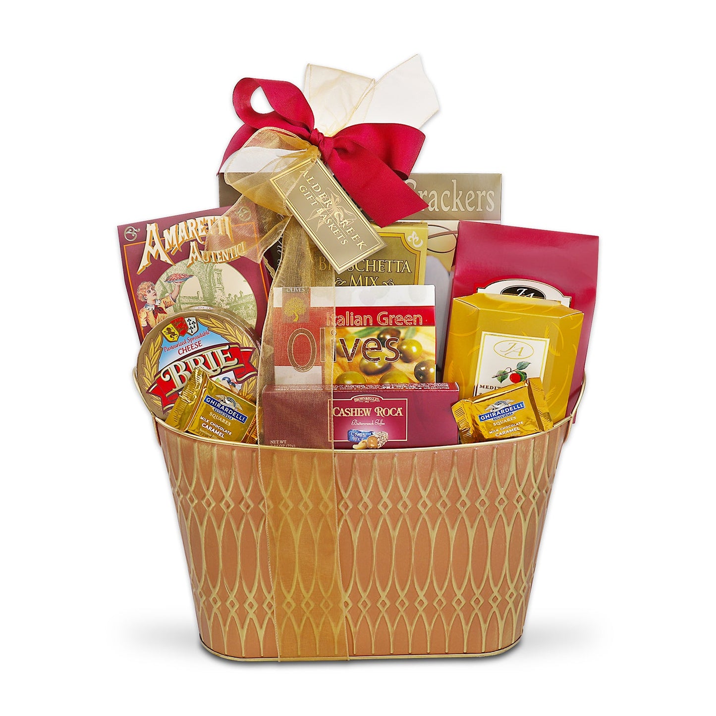 Gold wicker gift basket packed with assorted cheese, olives, crackers, and snack packs; red ribbon