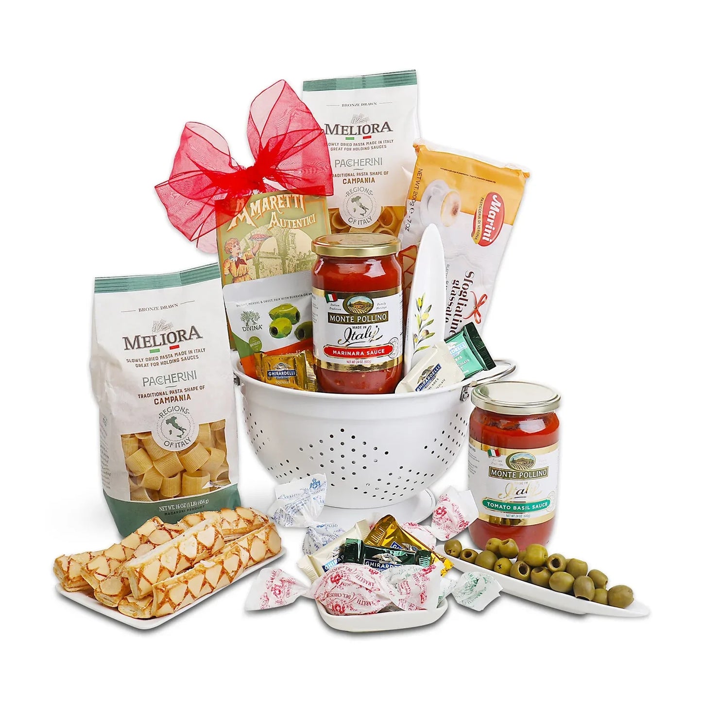 Taste of Italy gift basket with pasta, marinara sauce, olive mix, cheese crackers