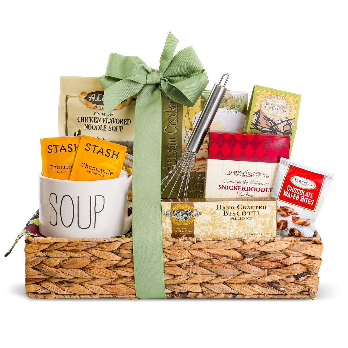 Comfort gift basket with woven tray, green bow, soup canister, and assorted dessert snacks