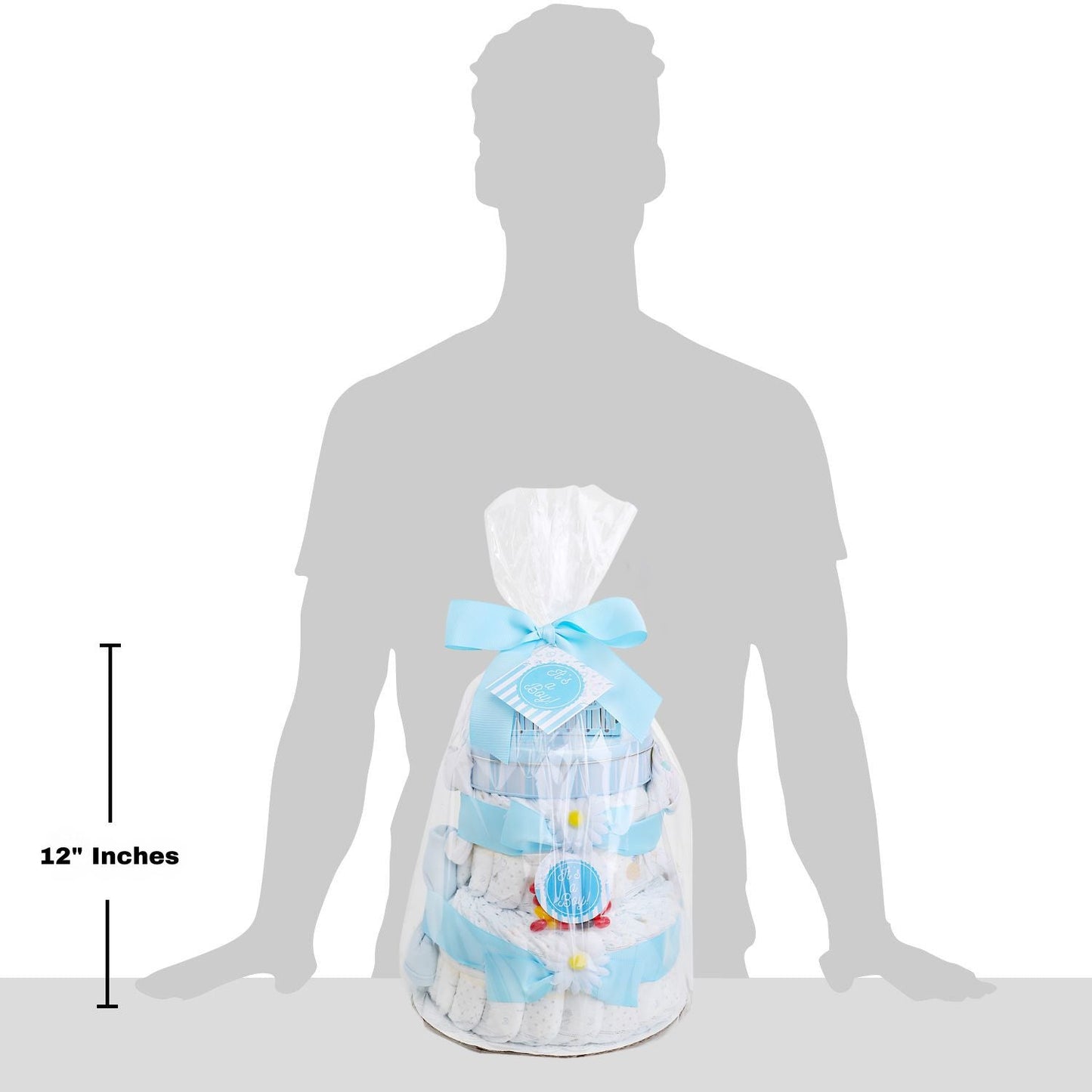Two-tier diaper cake gift basket, 12-inch height with blue ribbon and bow