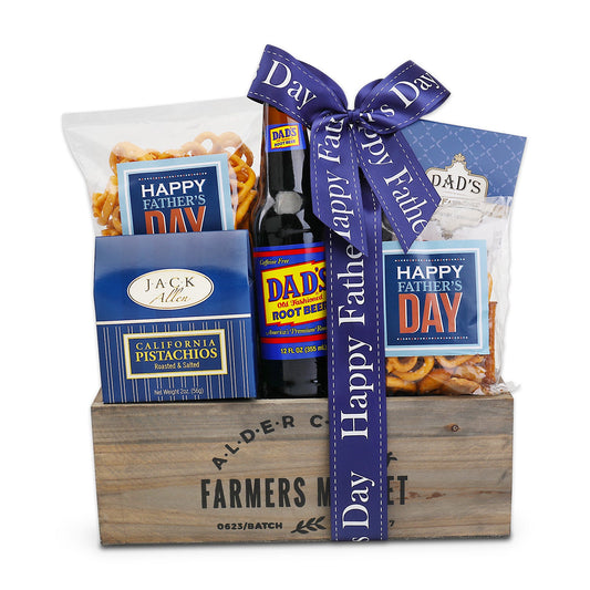 Father's Day gift basket in wooden crate with roasted pistachios, soda, and blue ribbon.