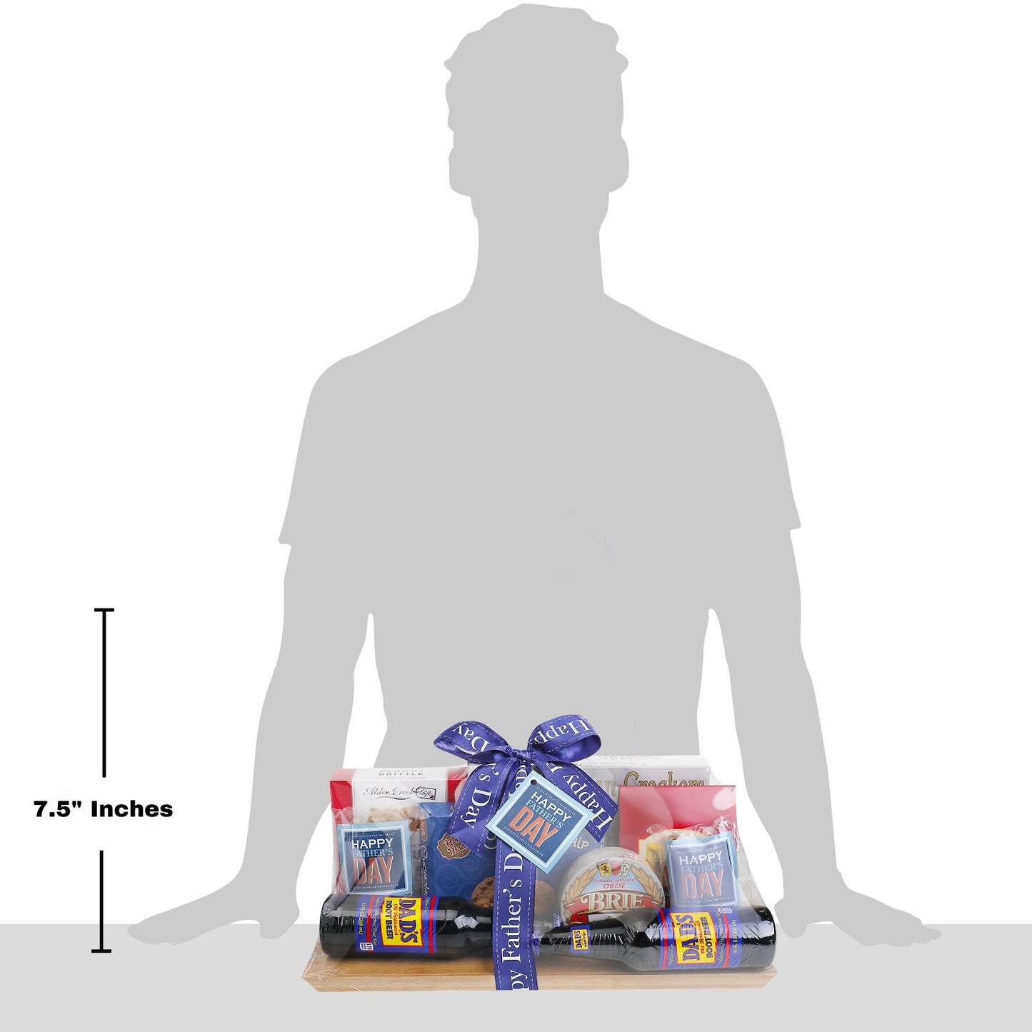 Father's Day gift basket with blue ribbon, shown on a small tray held by a person