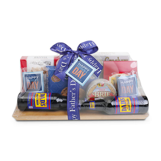 Father's Day gift basket with blue ribbon, cookies, cheese brie, and root beer bottles