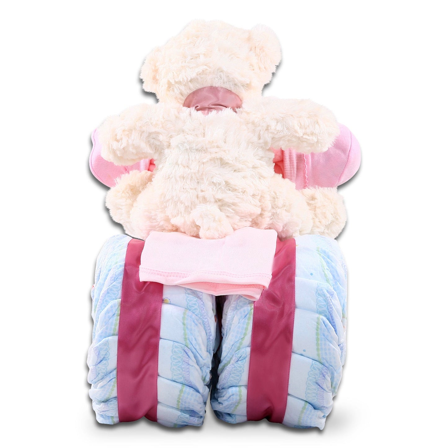 Pink tricycle diaper cake gift basket, back view with bear plush and pink straps, blue diapers
