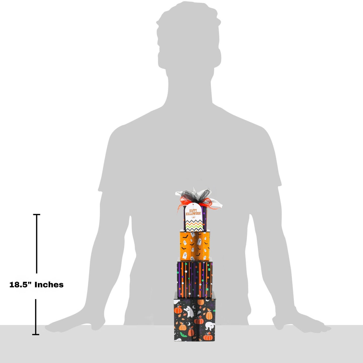 Halloween treat gift tower, 18.5-inch height; stacked boxes with orange ribbon and Halloween prints.