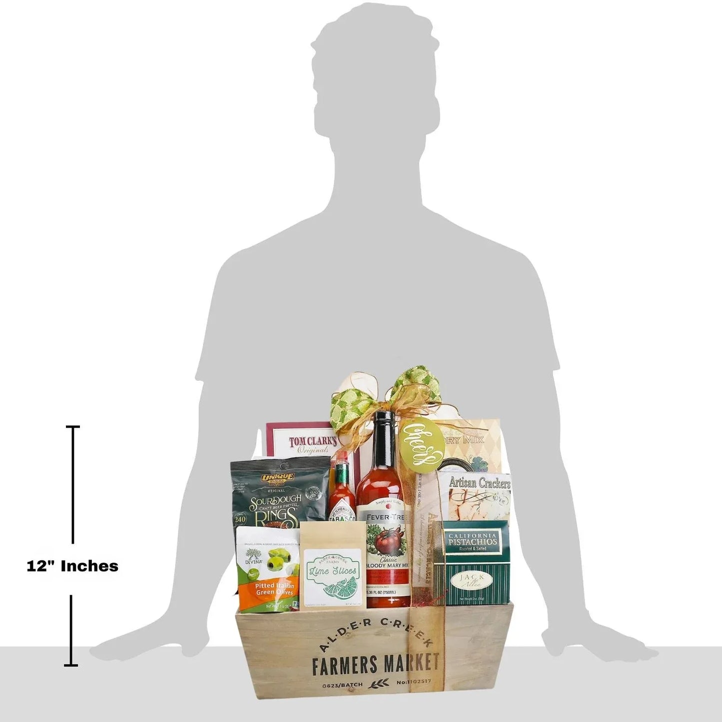 12-inch Farmers Market Bloody Mary gift basket in wooden crate with bottle and snacks