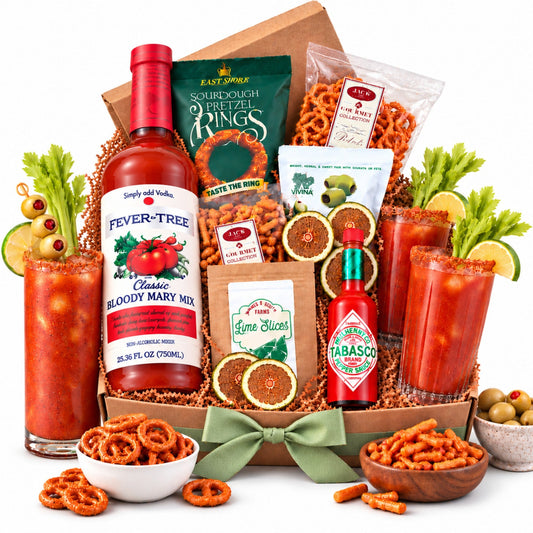 Bloody Mary gift set in box with two glasses, Bloody Mary mix, pretzel rings, snacks