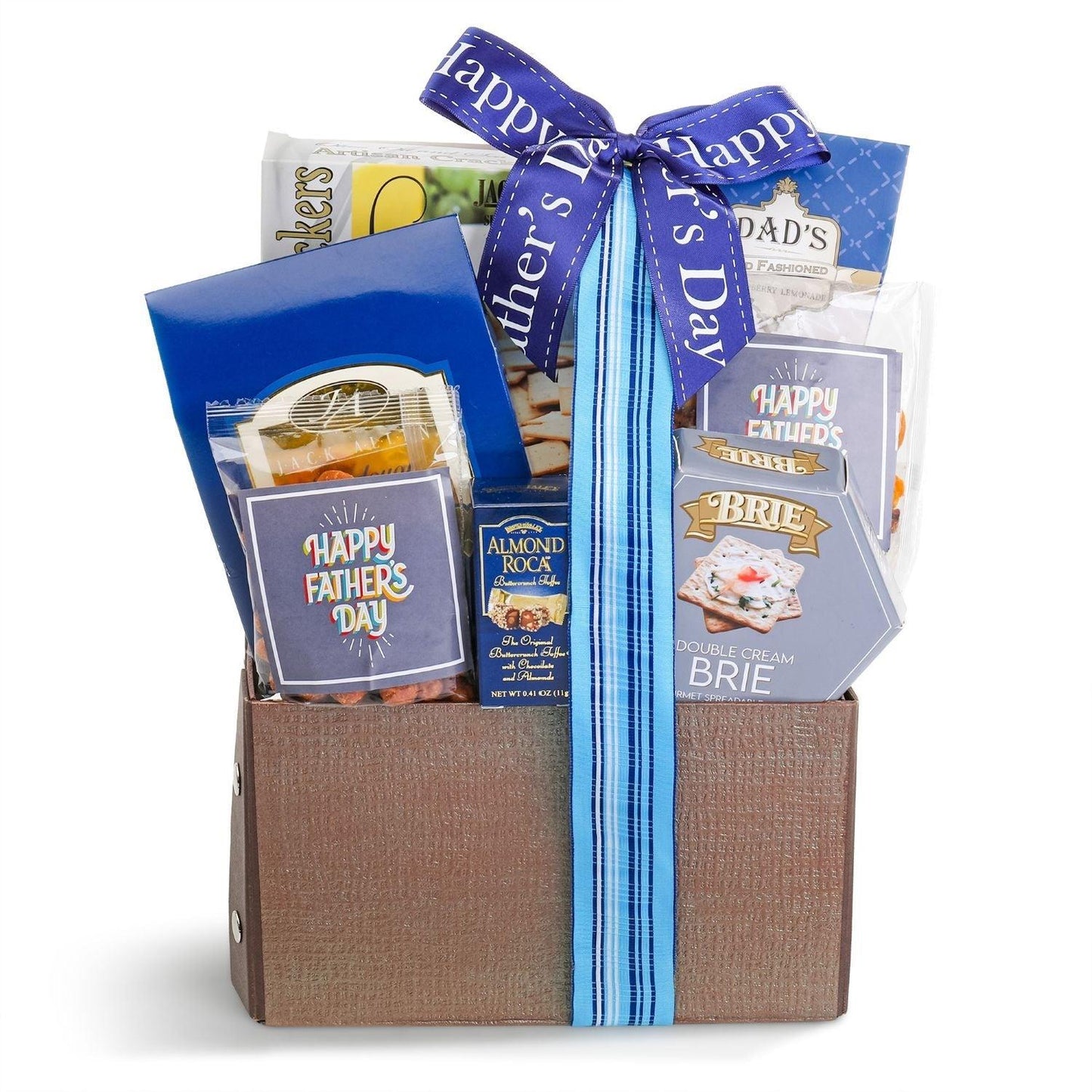 Father's Day Snack & Savor gift basket with blue ribbon, brie box and almond roca
