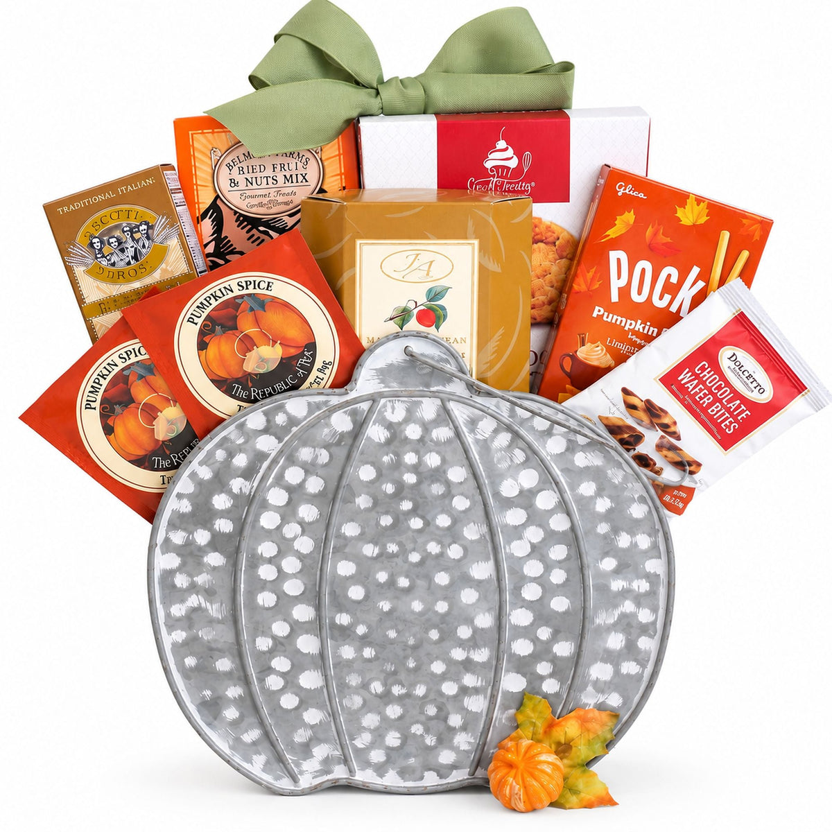 Fall snack gift basket with green bow, gray polka-dot pumpkin tin, wrapped snack boxes