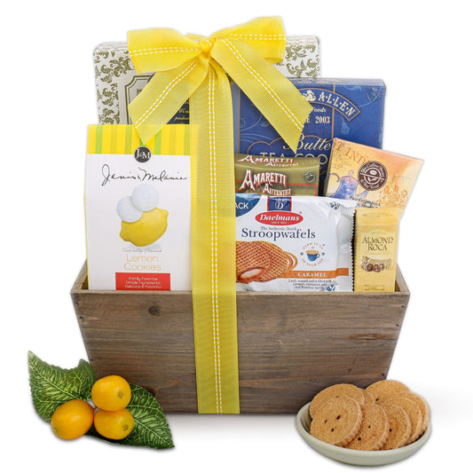 Wooden gift tote with yellow bow, assorted cookie packages and lemon accents