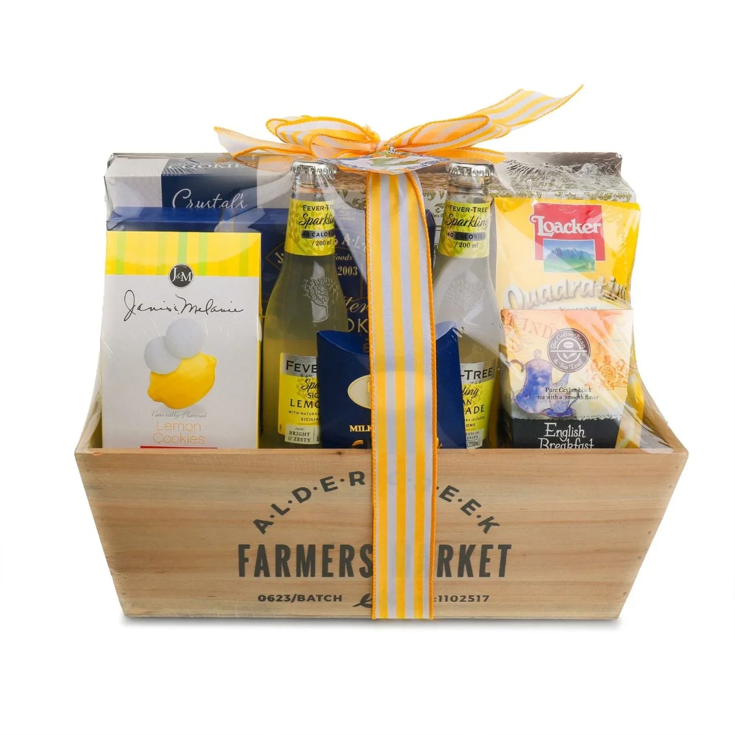 Sunshine is for Lemonade gift basket front view with yellow striped bow and chocolate