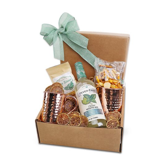 Cocktail gift box with kraft tray, mint ribbon, hammered copper mugs and mix bottles