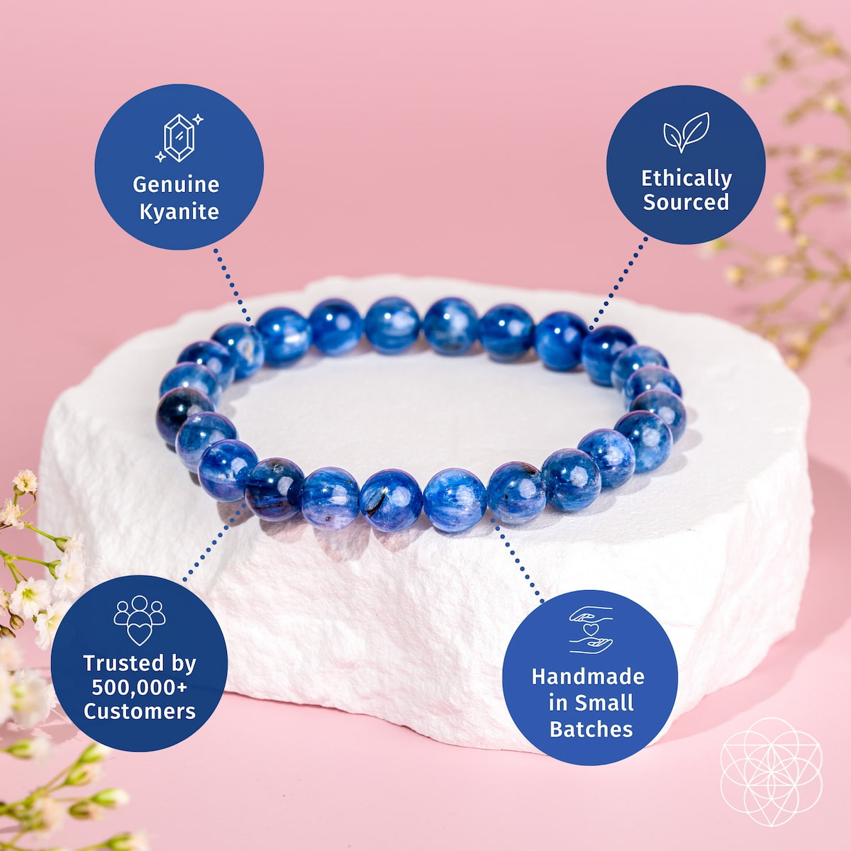 Rare kyanite beaded bracelet on pale white stone, deep-blue round beads