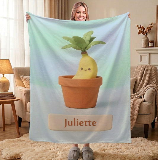 Personalized Kawaii Banana Blanket | Custom Name | Cute Potted Fruit Mint Blue Fleece Throw Gift