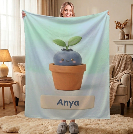 Personalized Kawaii Blueberry Blanket | Custom Name | Cute Potted Berry Mint Blue Fleece Throw Gift