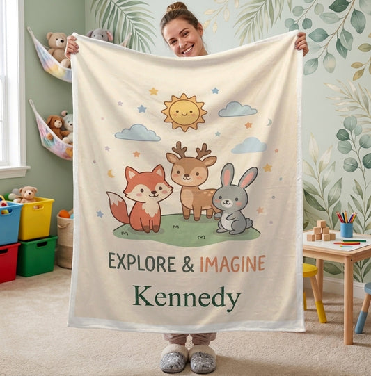 Personalized Woodland Friends Blanket | Custom Name | Fox Deer Bunny Explore Imagine Gift