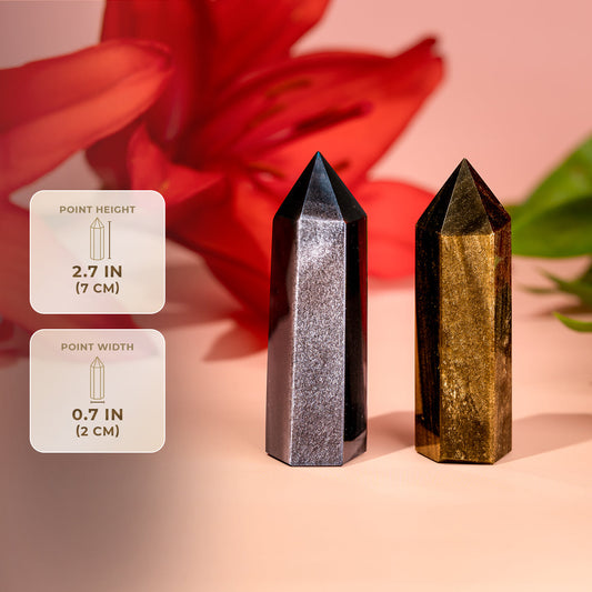 Gold and silver sheen obsidian points, pair of faceted crystal towers