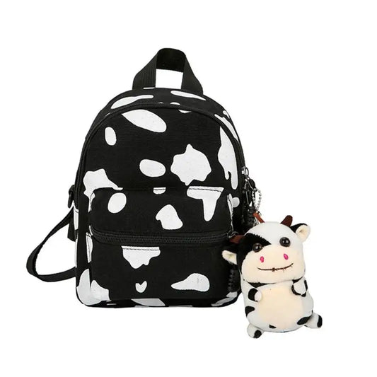 Kawaii Cow Print Mini Backpack – Cute Black & White Canvas Bag | Animal Print Accessory