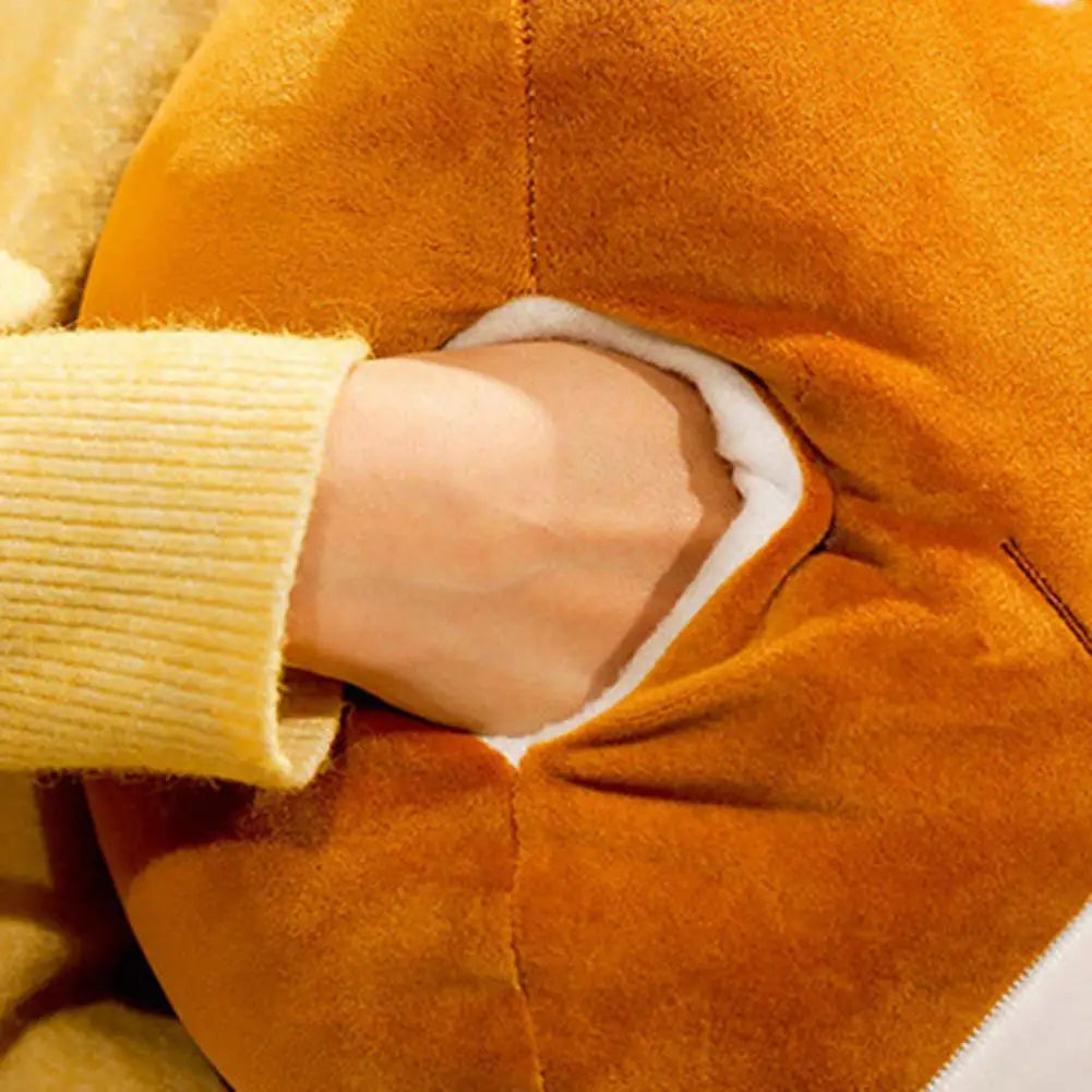 Orange plush cushion blanket corner with knit cuff and curved white trim