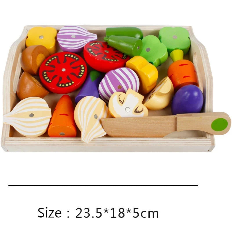 Wooden pretend fruit and vegetable cutting toy set in wooden bin, mixed colorful foods