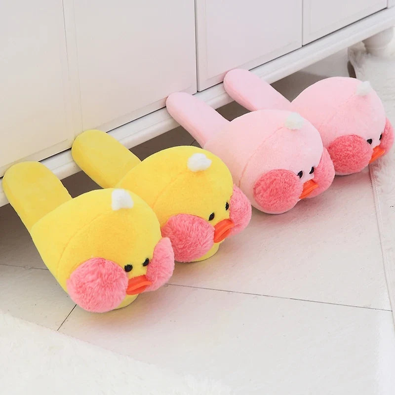 Kawaii Plush Ducky Slippers – Cute Fluffy Duck Footwear | Yellow & Pink | Sizes 36–41