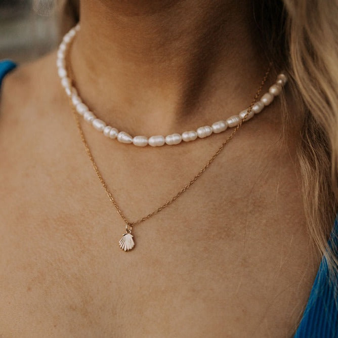 North Shore Pearl Necklace worn as a short strand of white pearls