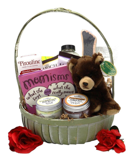 Mother's Day gift basket with plush bear, chocolate treats, and dessert jars