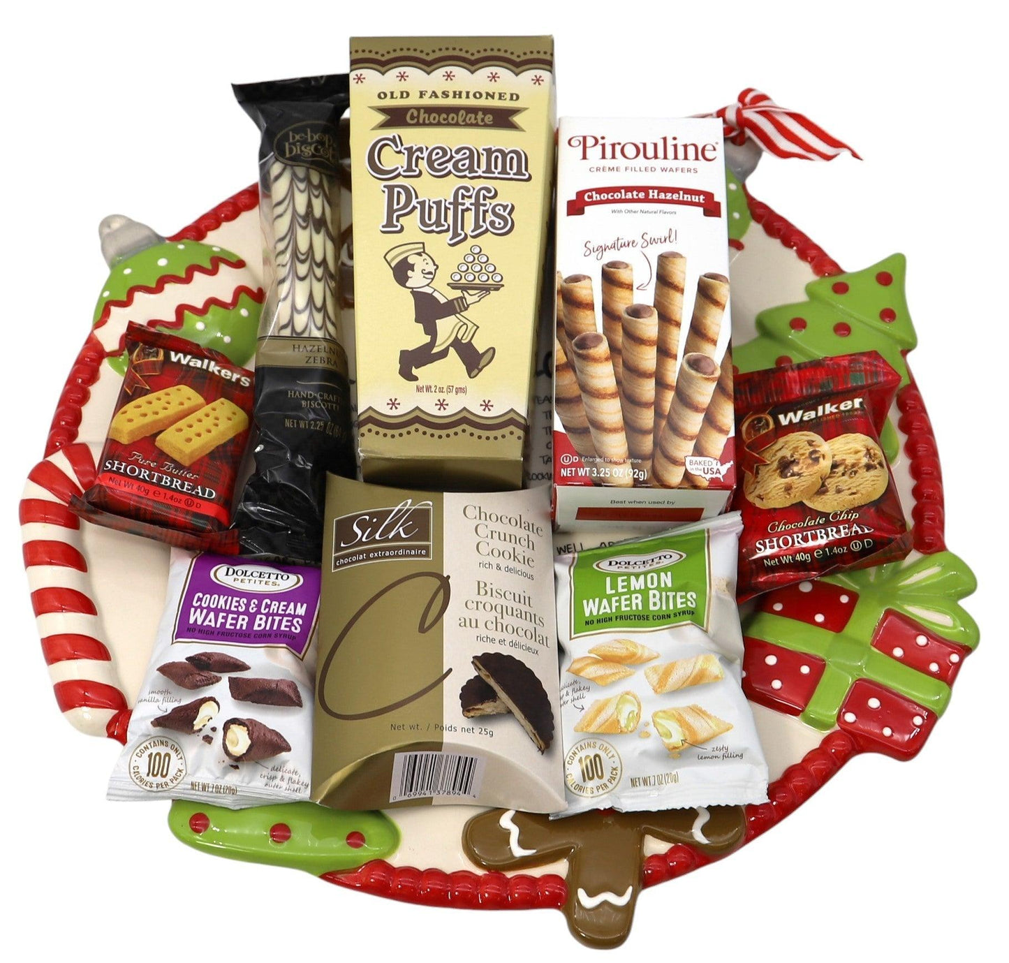Holiday cookie gift platter with gingerbread Santa tray and boxed cookie assortment