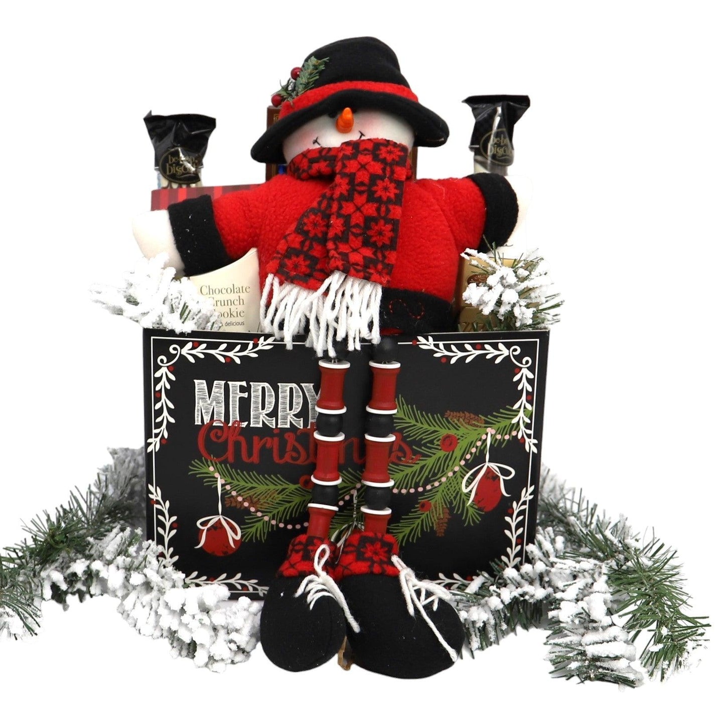 Deluxe Christmas gift box with snowman in black hat and red patterned scarf, treats inside