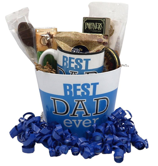 Deluxe snack basket with white-and-blue mug, burlap liner, and blue ribbon