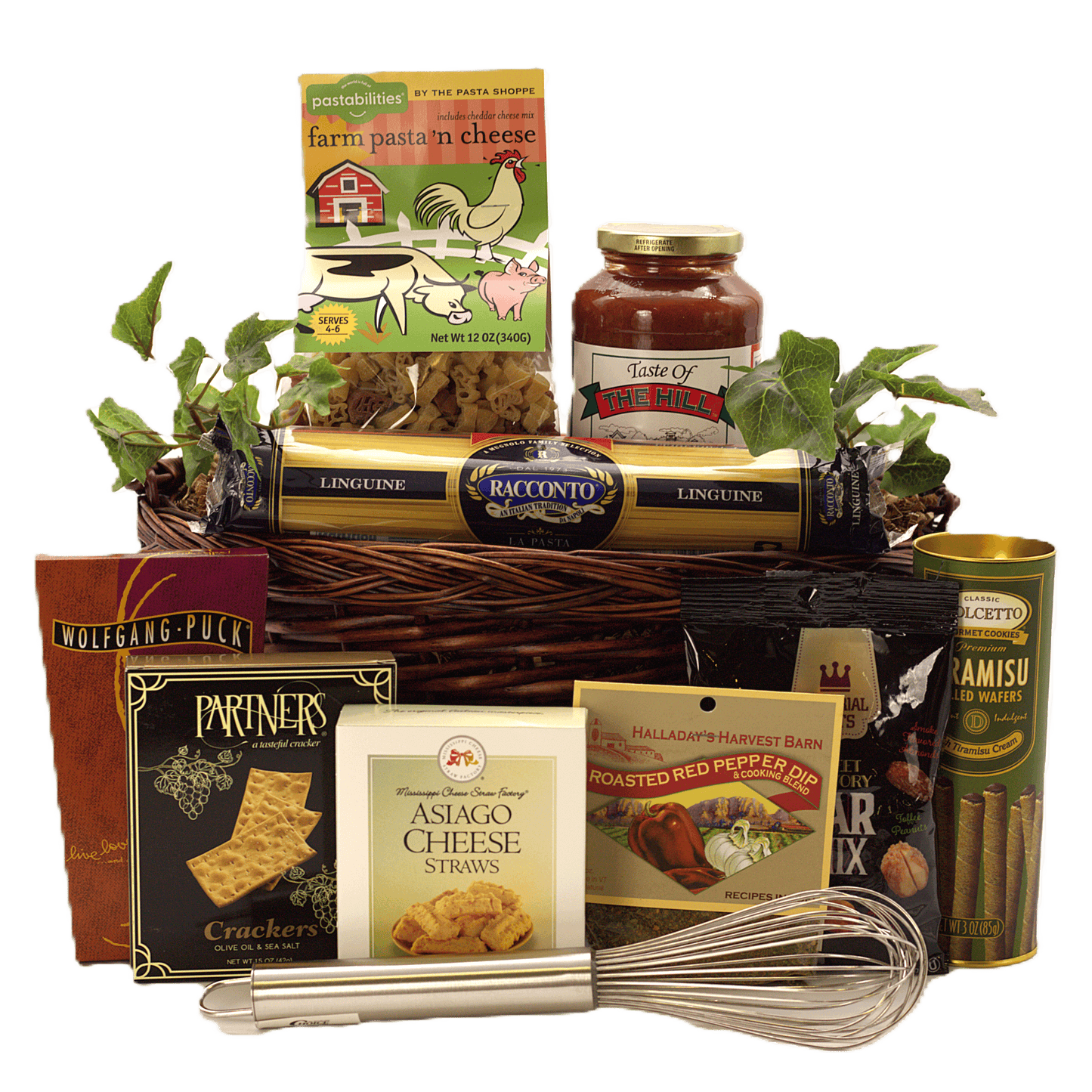Italian gourmet gift basket with pasta, jarred sauce, crackers, cheese straws, whisk, wafers