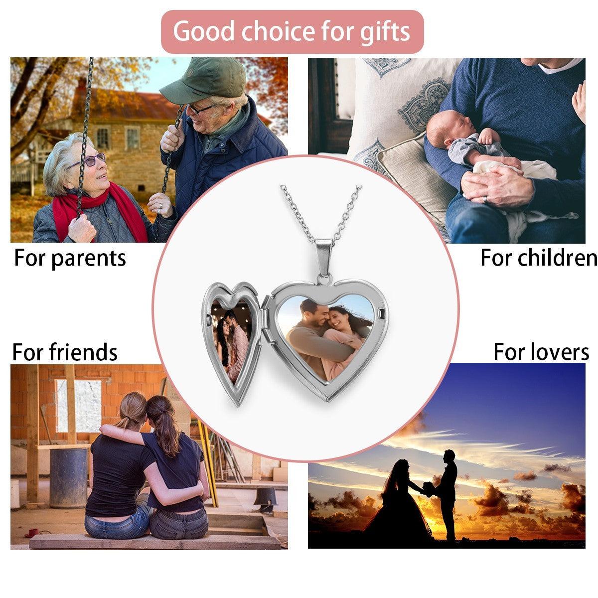 Silver heart photo locket necklace with two heart photo frames and chain