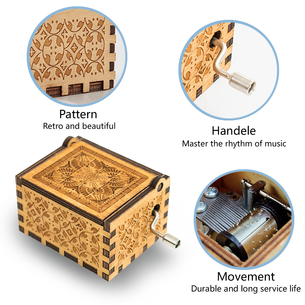 Wooden music box with carved pattern, crank handle, and internal music movement