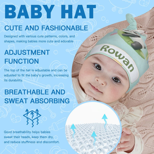 Mint baby hat with panda patch and name Rowan, worn with matching swaddle blanket