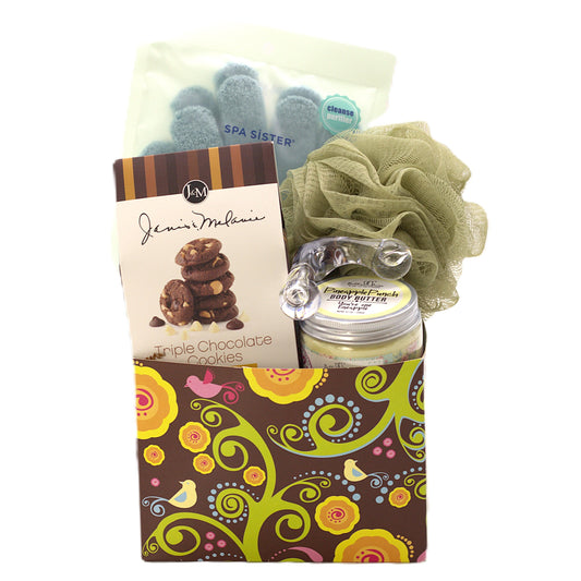 Spa and cookie gift basket with triple chocolate cookies box, body butter jar, blue spa scrub pads